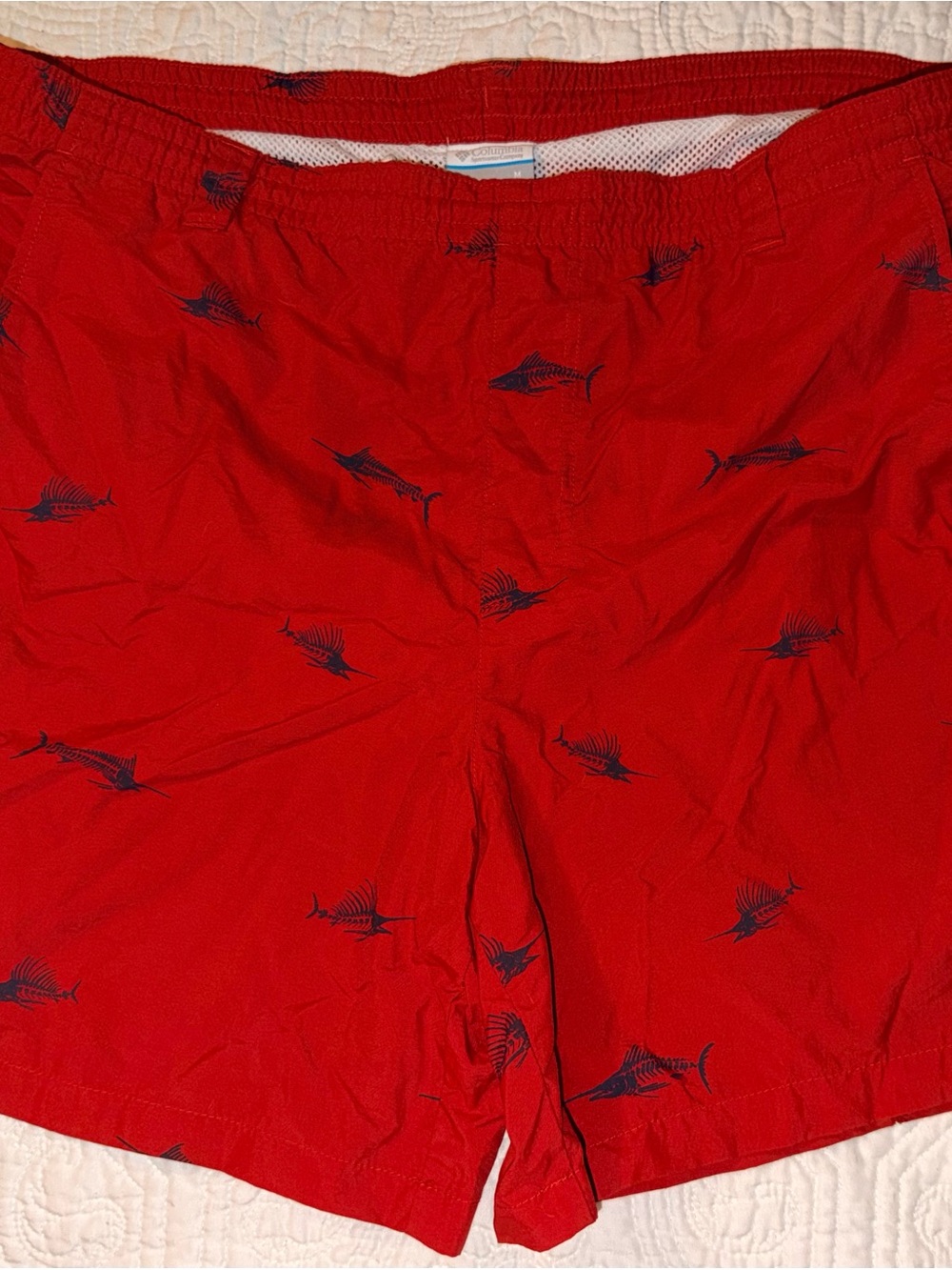Men's Columbia Red Swim Trunks with Navy Fish Print